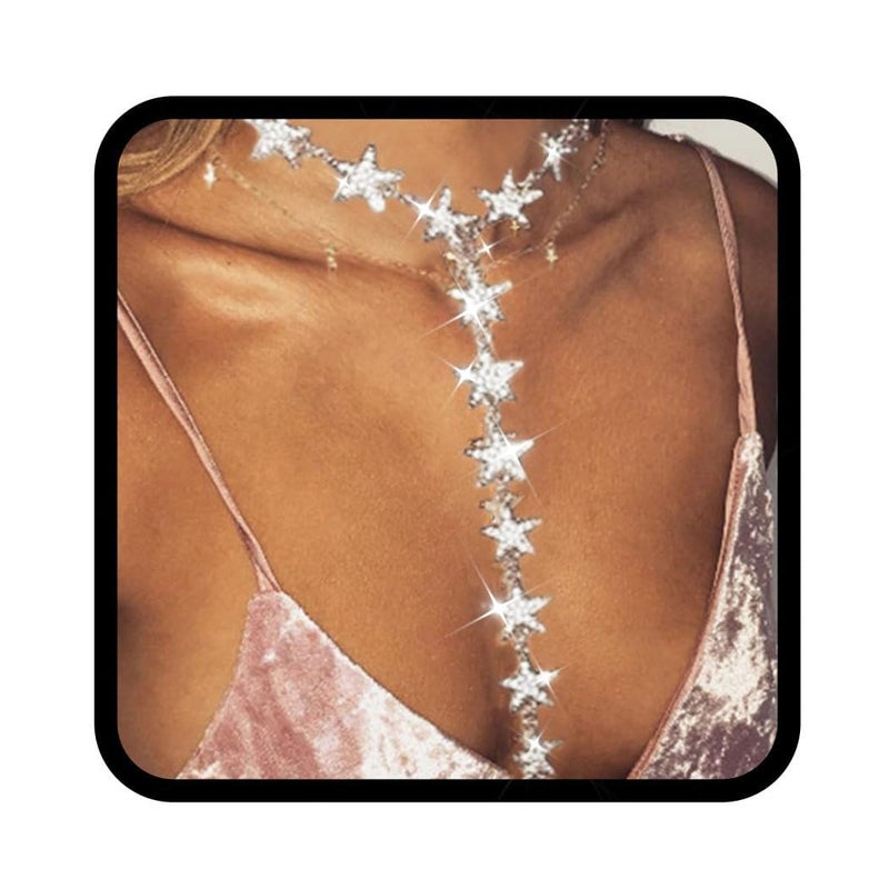 Nicute Star Y-Necklaces Rhinestone Long Necklaces Crystal Choker Chain Party Choker Necklace Jewelry for Women (Silver) - Image 1